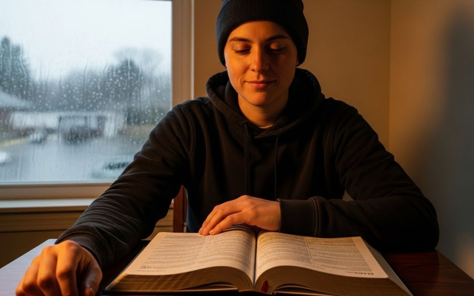 Mulher lendo a bíblia. Uma janela embarçada mostra um dia nublado e chuvoso.