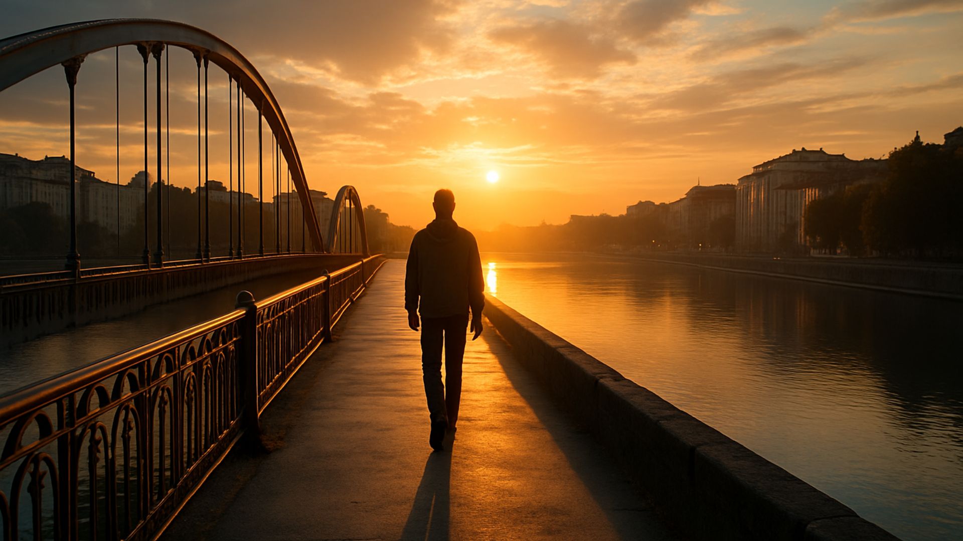 Homem caminhando em direção ao por do sol