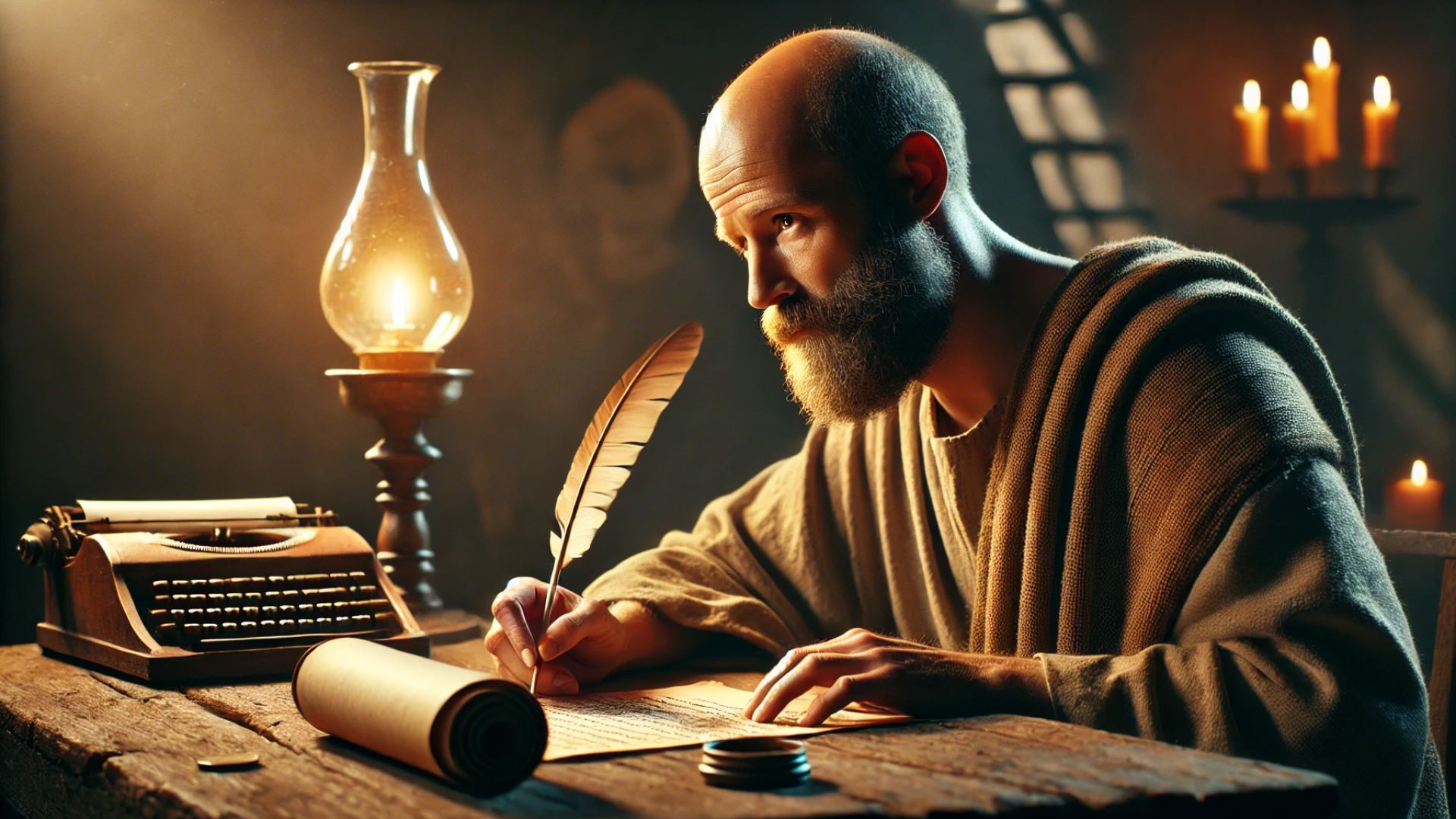 Ilustração do apostolo Paulo escrevendo uma carta.