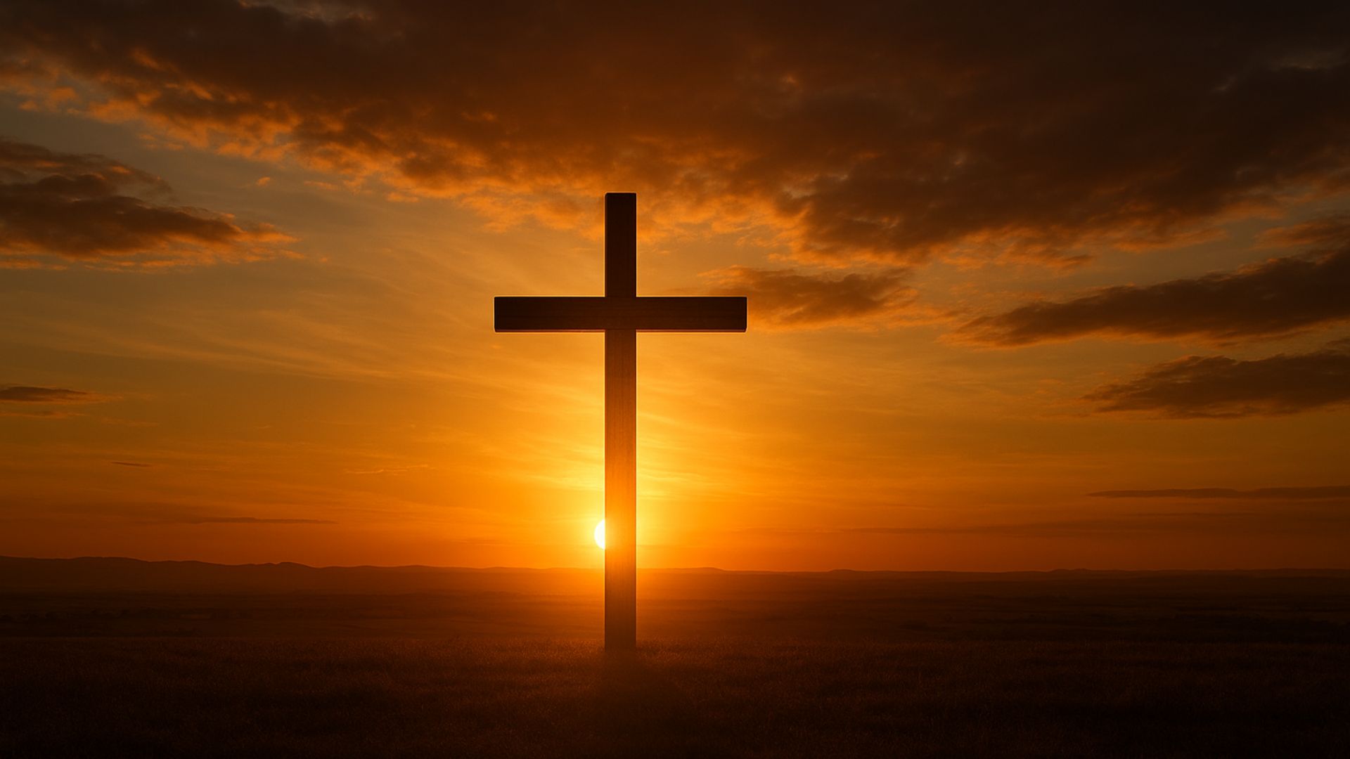 Cruz de madeira sobre um campo ao entardecer iluminada pela luz dourada do por do sol simbolizando o plano completo da salvacao da redencao a gloria eterna