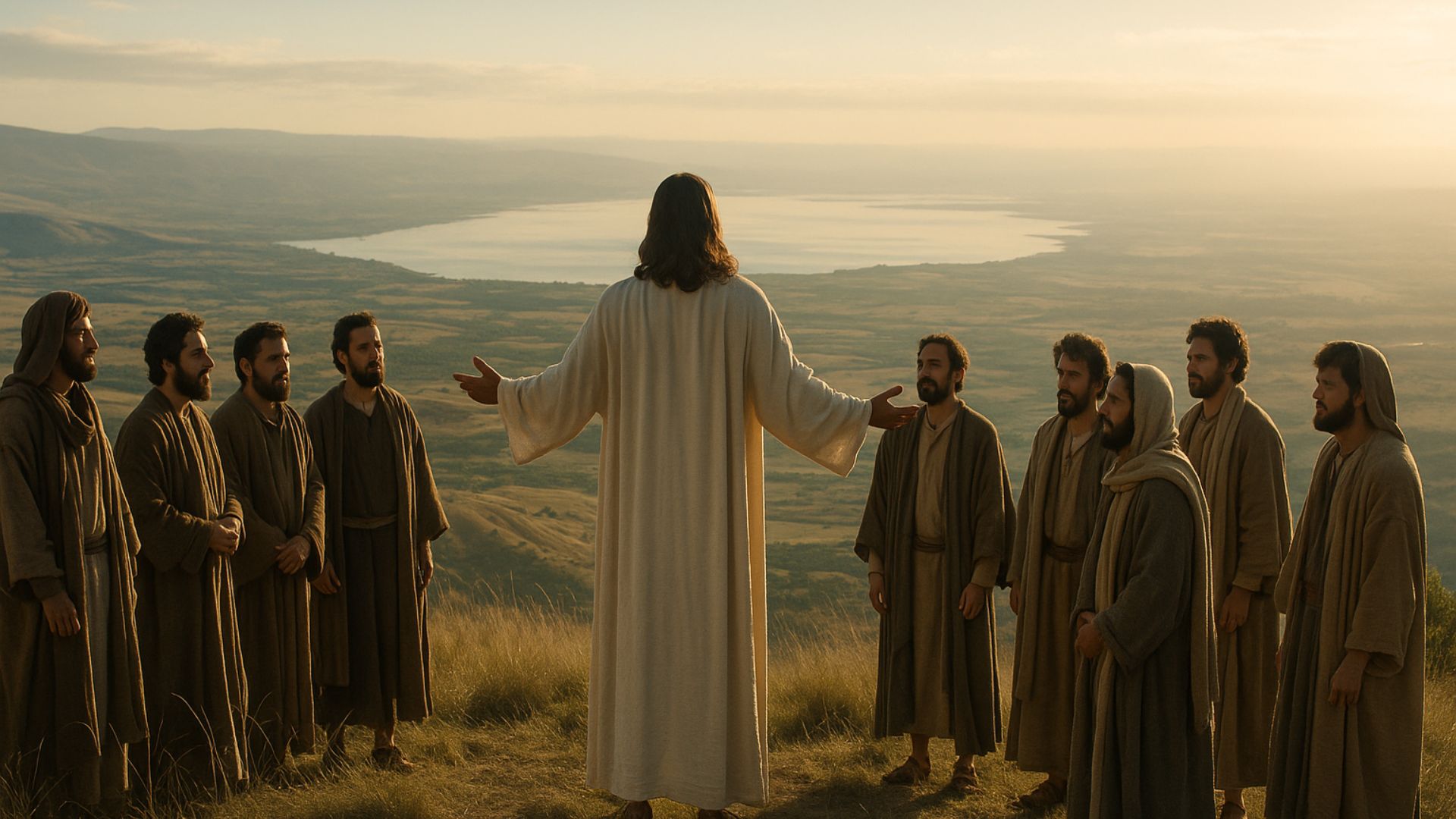 Jesus está de pé sobre um monte na Galileia com os braços abertos diante dos discípulos ao entardecer, contemplando o horizonte que simboliza as nações.