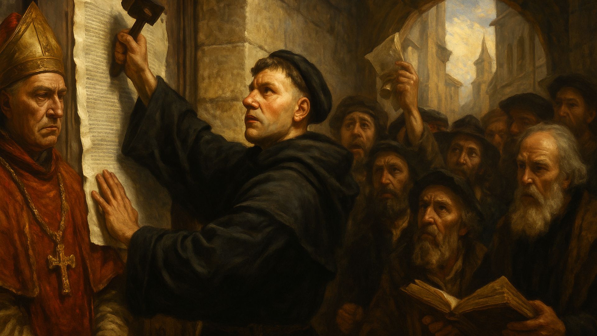 “Martinho Lutero fixa suas 95 Teses na porta da igreja de Wittenberg, cercado por uma multidão atenta e um clérigo católico observando com desaprovação, em uma cena ultrarrealista que simboliza o início da Reforma Protestante no século XVI.”