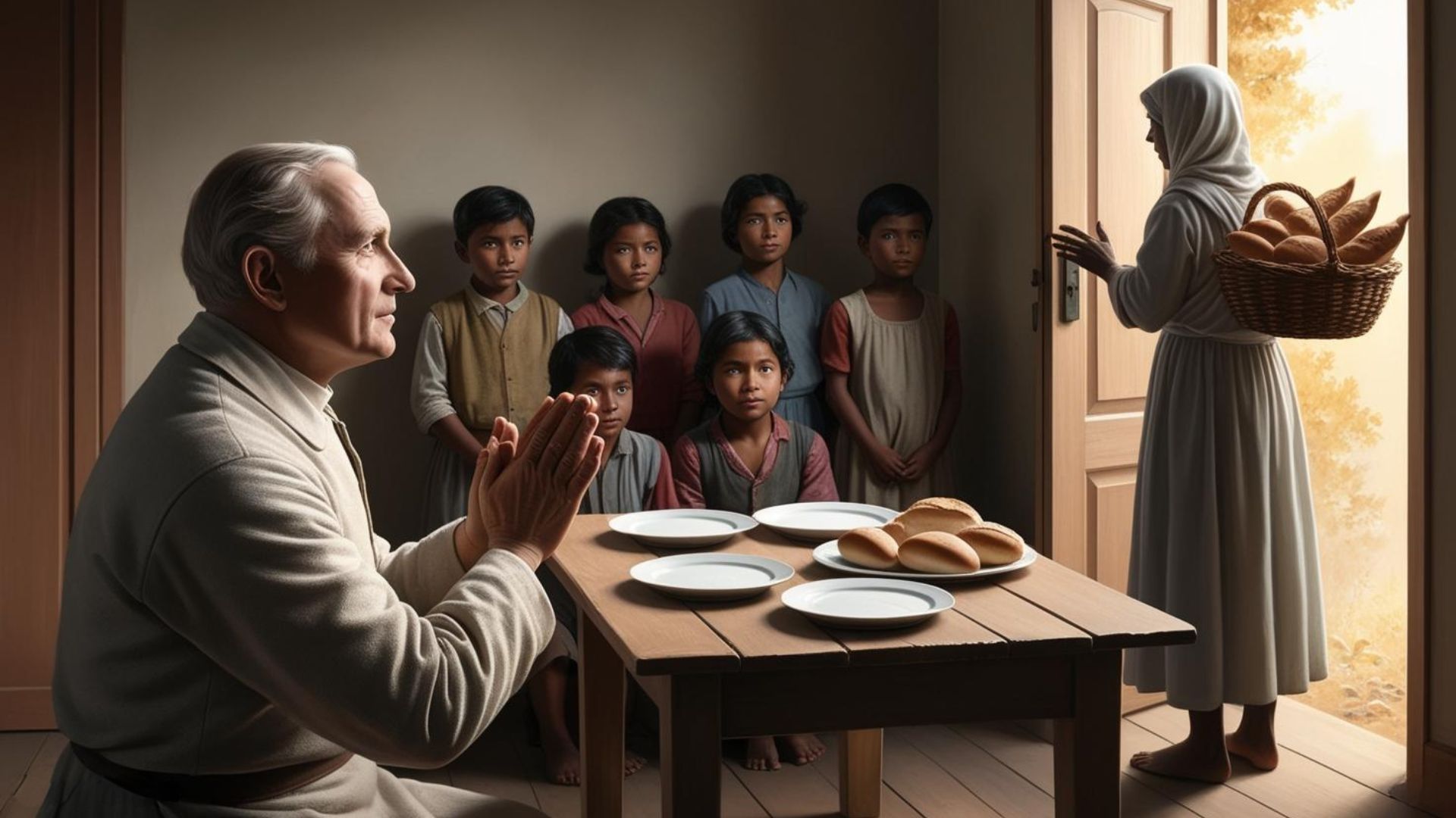 George Muller orando enquanto crianças aflitas esperam o alimento. Uma mulher piedosa entra na sala como resposta da oração de George Muller.