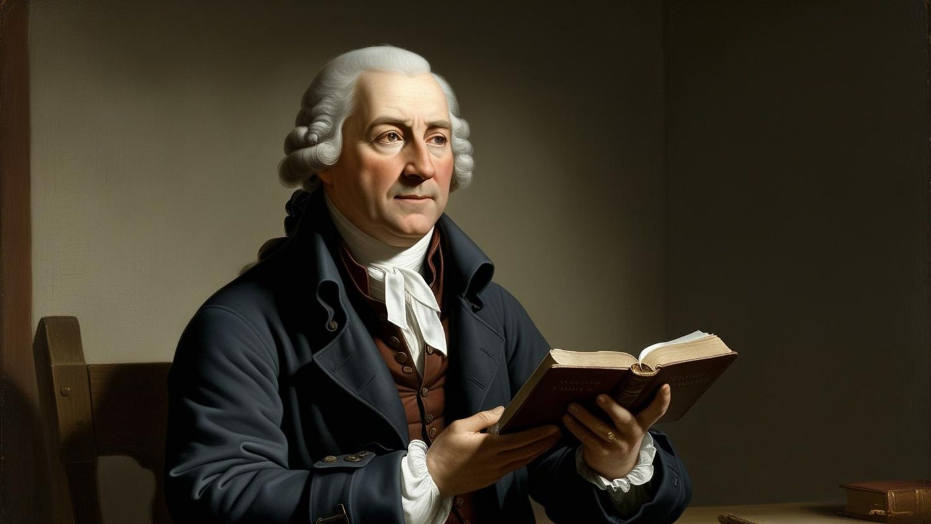 Ilustração de Jonathan Edwards segurando um livro num quarto a meia luz