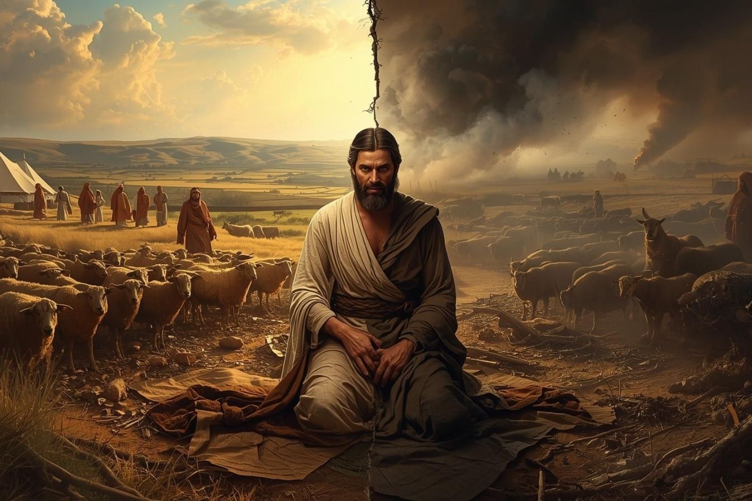 Jó ajoelhado. Metade do cenário é destruição e outra metade prosperidade.