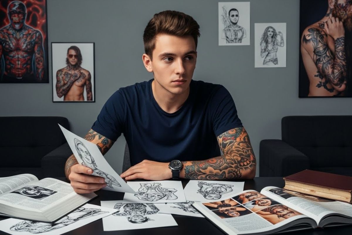 “Um jovem comum, com estilo urbano, sentado em um quarto moderno. Ele está cercado por imagens e referências a tatuagens: pôsteres na parede, desenhos sobre a mesa, e revistas abertas com modelos tatuados. No canto da mesa, está uma Bíblia fechada, levemente empoeirada. O jovem olha para um dos desenhos com expressão pensativa, como quem pondera uma decisão séria. A cena é realista, com iluminação suave, transmitindo o contraste entre cultura moderna e convicção espiritual.”