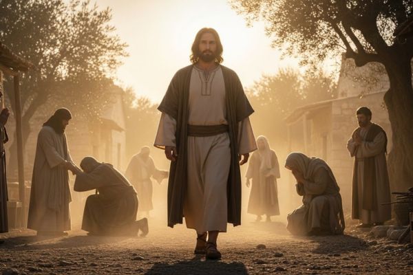 "Jesus caminhando entre pequenas aldeias da Galileia ao amanhecer, com a luz dourada do sol envolvendo Sua silhueta. Ele aparece com expressão compassiva e ao mesmo tempo firme, vestido com roupas simples de rabino do primeiro século. Ao fundo, pessoas sendo curadas, um homem liberto caindo de joelhos e discípulos observando com reverência. A atmosfera deve transmitir autoridade, missão, compaixão e propósito. O cenário deve ser realista, com tons quentes, poeira suave no ar, oliveiras e casas de pedra típicas da região. A composição deve destacar Jesus no centro, caminhando resolutamente, simbolizando a frase: 'Para isso Eu vim'. Estilo cinematográfico, iluminação dramática, profundidade de campo suave, detalhes autênticos do contexto bíblico."