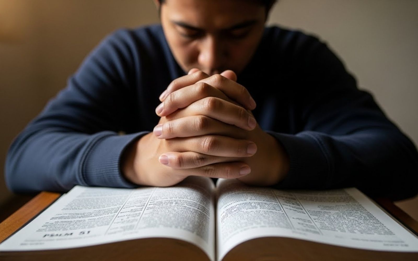 Homem em oração com as mãos na biblia aberta.