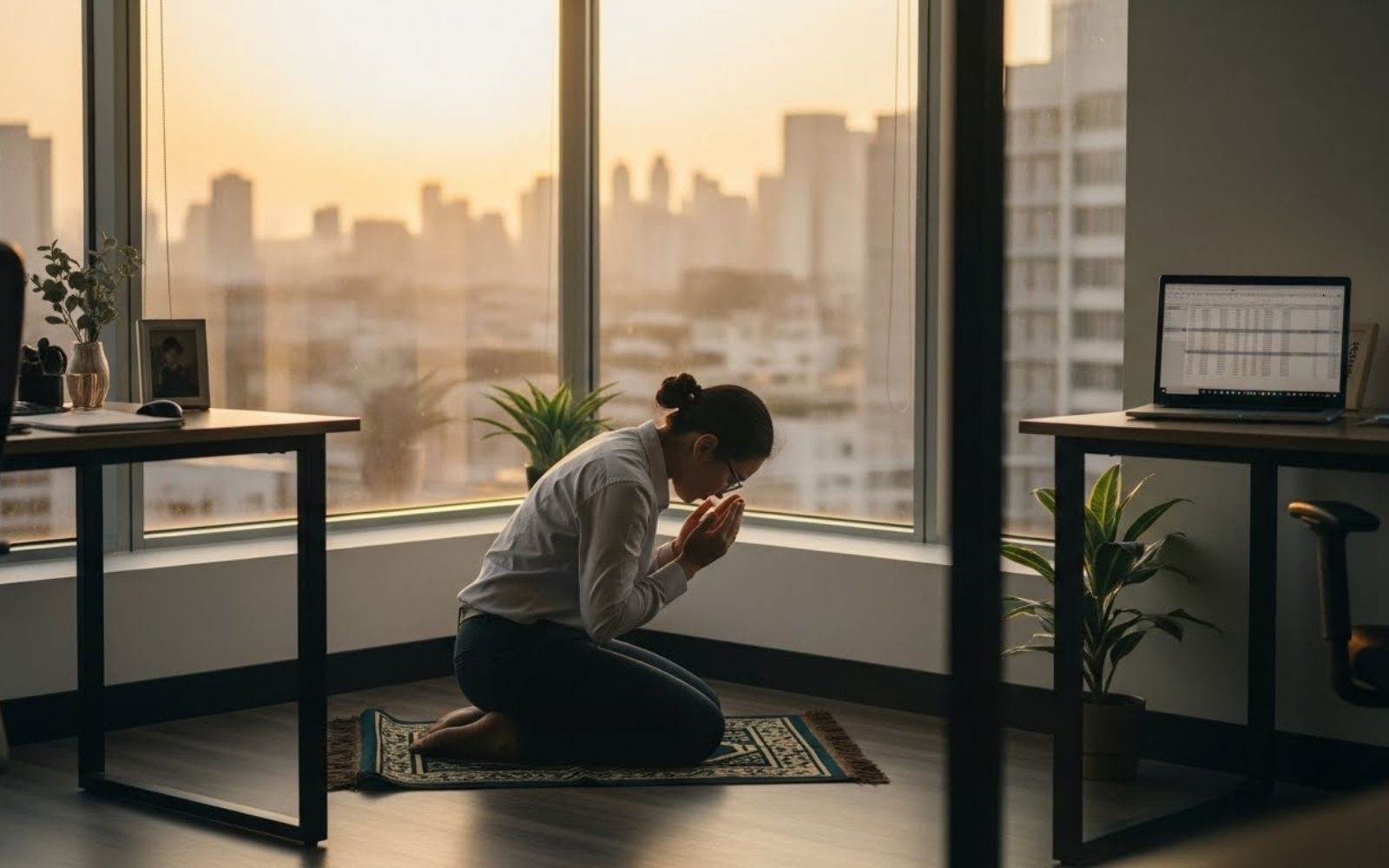 pessoa realizando suas atividades diárias normais, orando discretamente em seu escritório”