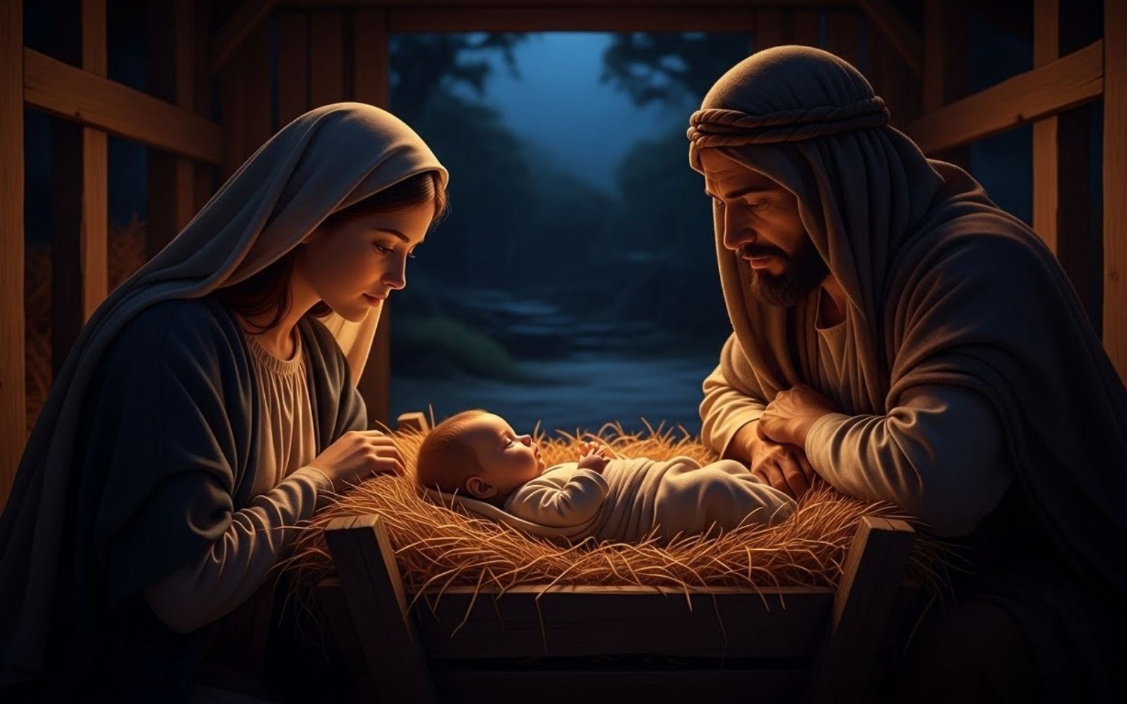 Maria e José, em estábulo rústico, contemplam o bebé Jesus deitado numa manjedoura; luz quente de lamparina contrasta com o céu azul estrelado da noite.