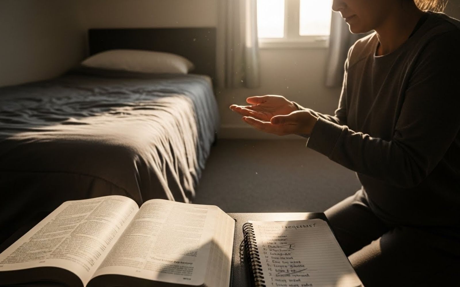Mulher ajoelhada no quarto orando a Deus com a bíblia aberta.