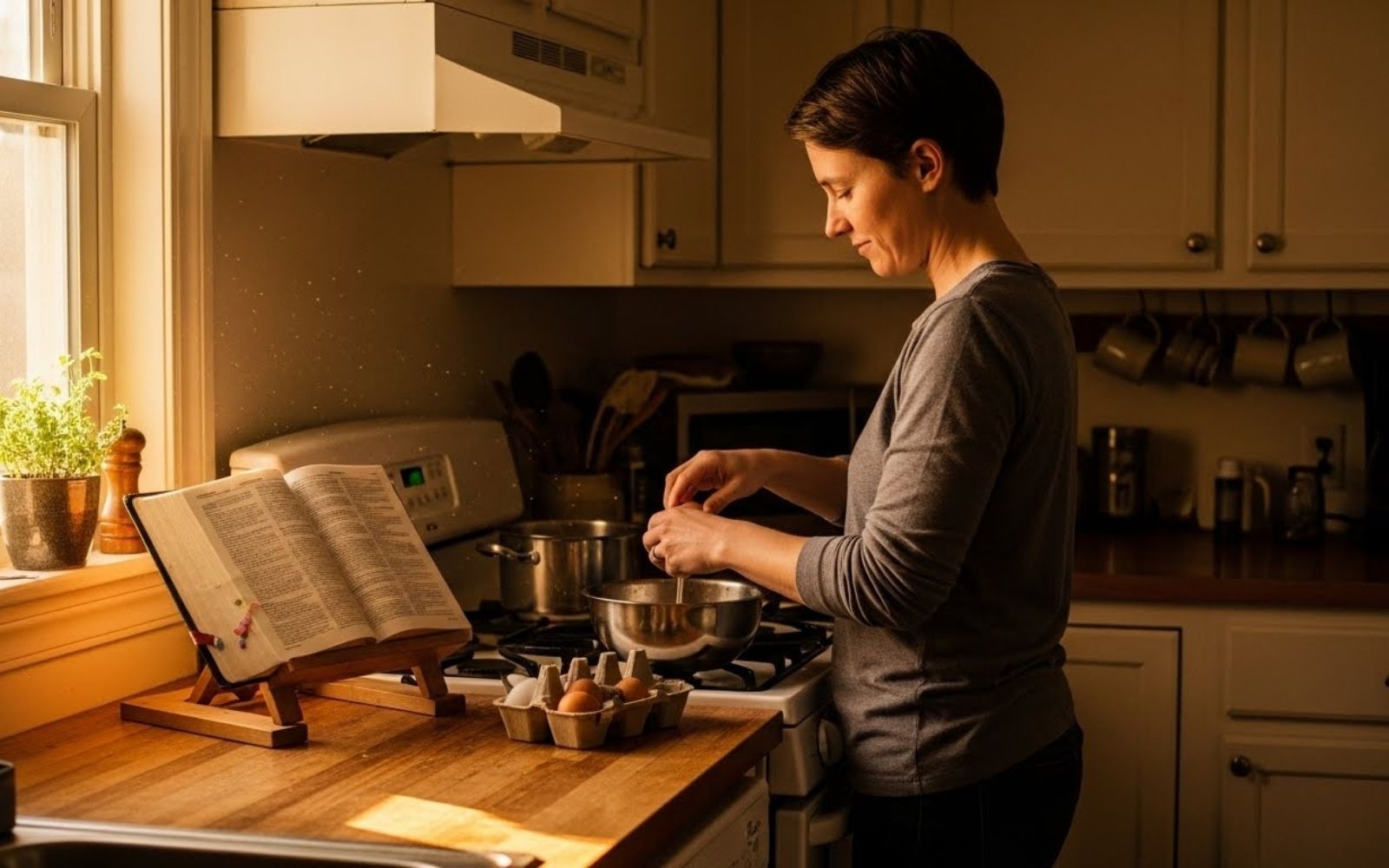 Mulher realizando tarefas na cozinha com a bíblia aberta num apoio.