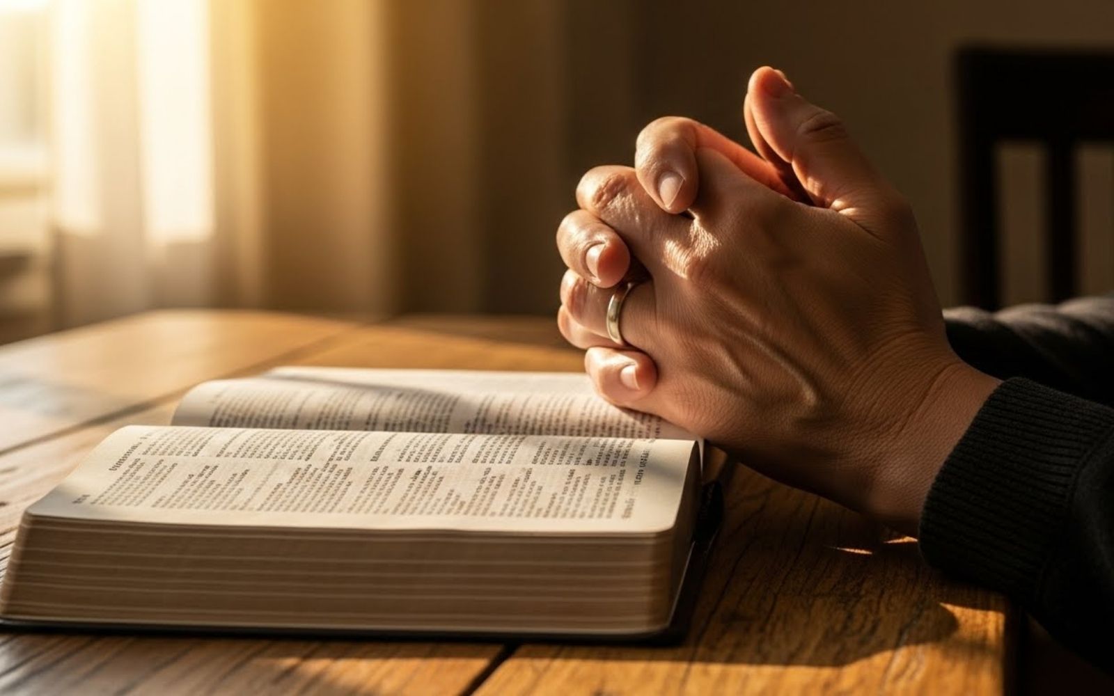 Mãos juntas em cima da bíblia sinalizando momento de oração