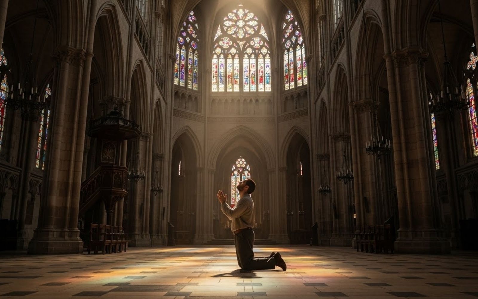 Homem de joelho orando a Deus