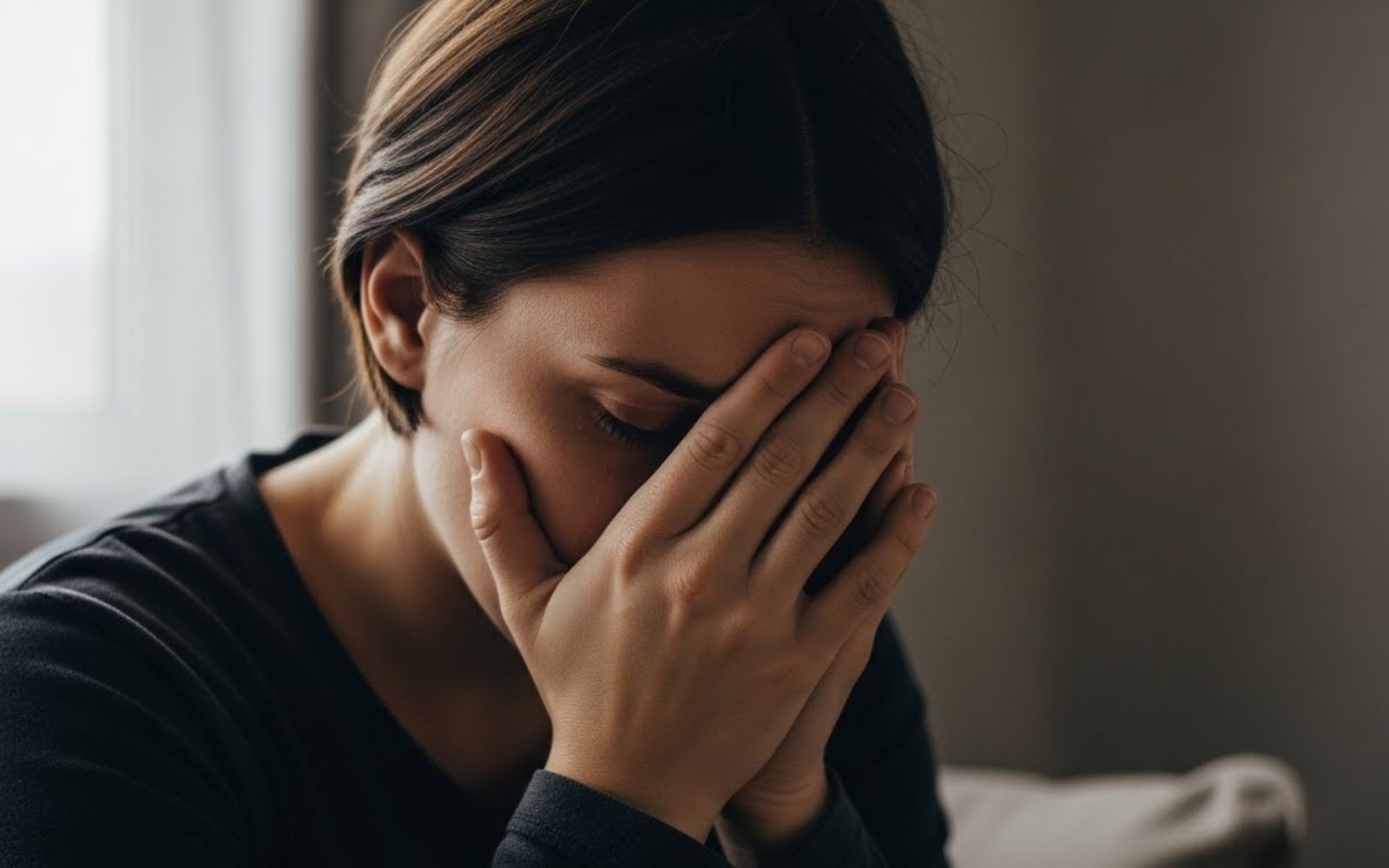 Mulher com mãos no rosto por estar arrependida.
