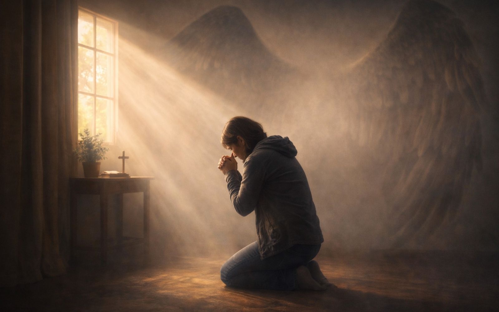 Pessoa ajoelhada orando com asas o protegendo