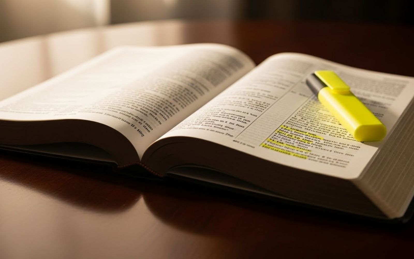 Bíblia aberta com marcador verde em cima. Bibliologia