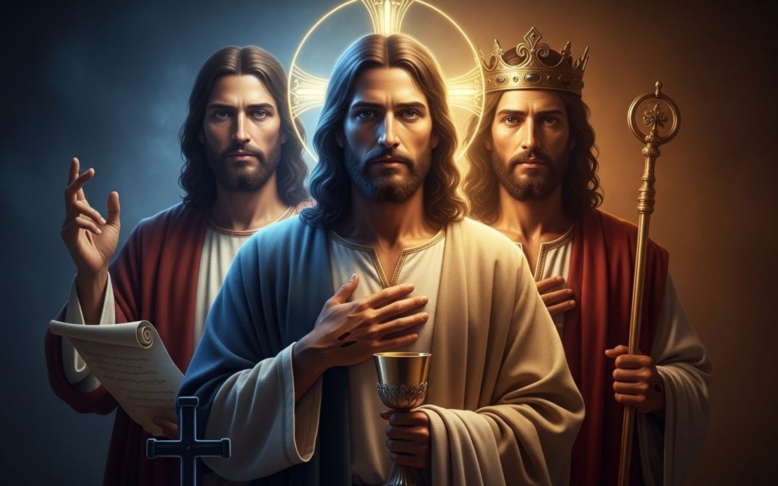Representação simbólica de Jesus Cristo exercendo seus três ofícios: Profeta (com rolo da Palavra), Sacerdote (com cálice) e Rei (com coroa e cetro), em estilo reverente e histórico.